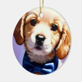 Schattige Fluffy Puppy met Cute Blue Bow Stropdas Keramisch Ornament (Links)