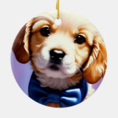 Schattige Fluffy Puppy met Cute Blue Bow Stropdas Keramisch Ornament (Achterkant)