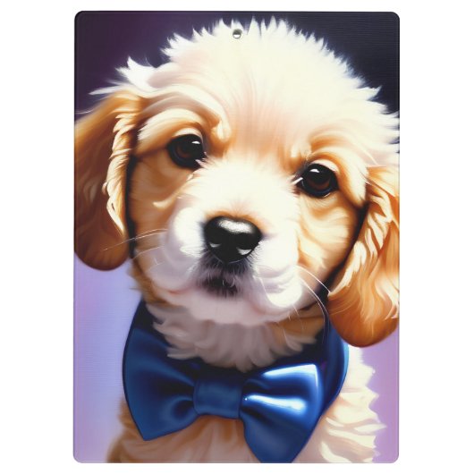 Schattige Fluffy Puppy met Cute Blue Bow Stropdas Klembord (Achterkant)