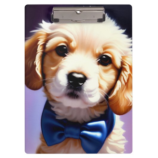 Schattige Fluffy Puppy met Cute Blue Bow Stropdas Klembord (Voorkant)