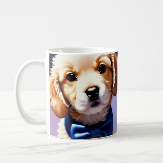 Schattige Fluffy Puppy met Cute Blue Bow Stropdas Koffiemok (Links)