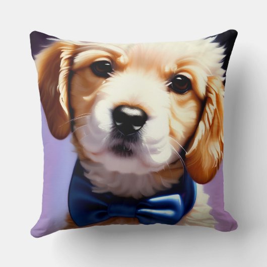 Schattige Fluffy Puppy met Cute Blue Bow Stropdas Kussen (Achterkant)