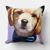 Schattige Fluffy Puppy met Cute Blue Bow Stropdas Kussen (Voorkant)