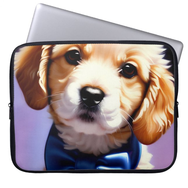 Schattige Fluffy Puppy met Cute Blue Bow Stropdas Laptop Sleeve (Voorkant)