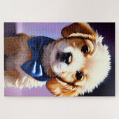 Schattige Fluffy Puppy met Cute Blue Bow Stropdas Legpuzzel (Horizontaal)
