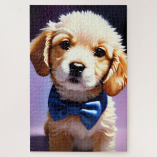 Schattige Fluffy Puppy met Cute Blue Bow Stropdas Legpuzzel