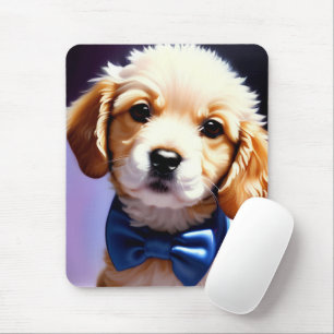 Schattige Fluffy Puppy met Cute Blue Bow Stropdas Muismat