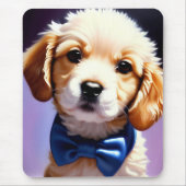 Schattige Fluffy Puppy met Cute Blue Bow Stropdas Muismat (Voorkant)
