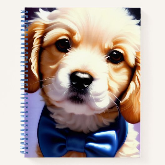 Schattige Fluffy Puppy met Cute Blue Bow Stropdas Notitieboek (Voorkant)