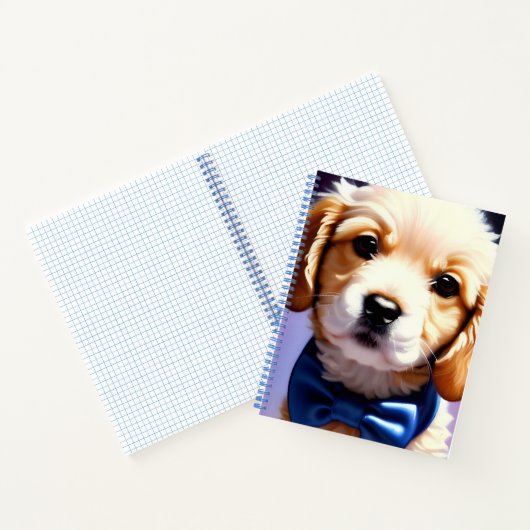 Schattige Fluffy Puppy met Cute Blue Bow Stropdas Notitieboek (Binnen)