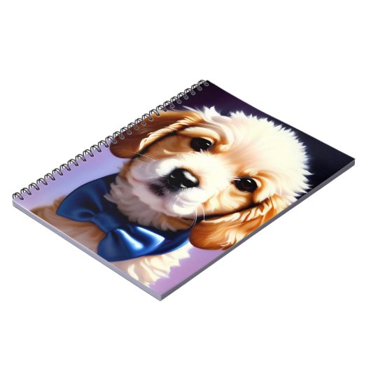 Schattige Fluffy Puppy met Cute Blue Bow Stropdas Notitieboek (Linkerzijde)