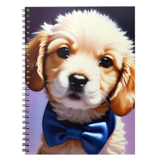 Schattige Fluffy Puppy met Cute Blue Bow Stropdas Notitieboek (Voorkant)
