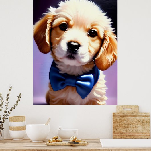 Schattige Fluffy Puppy met Cute Blue Bow Stropdas Poster (Keuken)