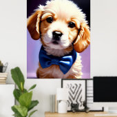 Schattige Fluffy Puppy met Cute Blue Bow Stropdas Poster (Thuiskantoor)
