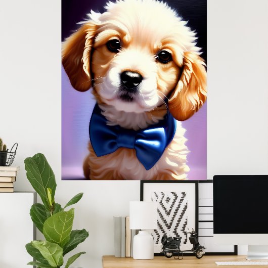 Schattige Fluffy Puppy met Cute Blue Bow Stropdas Poster (Thuiskantoor)