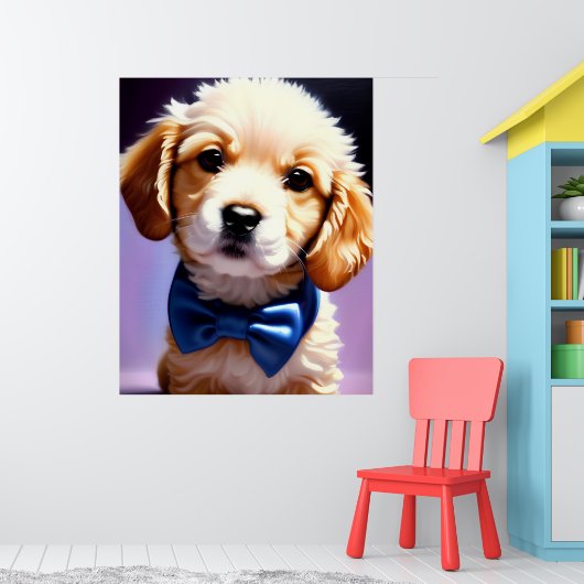 Schattige Fluffy Puppy met Cute Blue Bow Stropdas Poster (Kinderkamer 1)