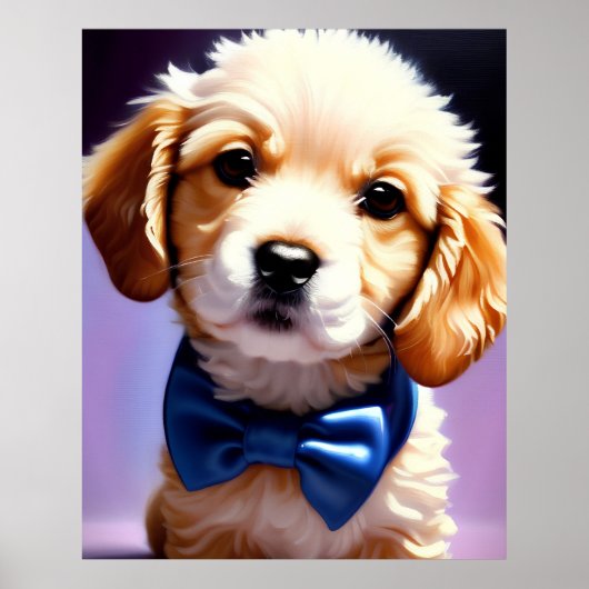 Schattige Fluffy Puppy met Cute Blue Bow Stropdas Poster (Voorkant)