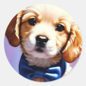 Schattige Fluffy Puppy met Cute Blue Bow Stropdas Ronde Sticker (Voorkant)