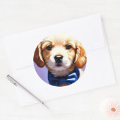 Schattige Fluffy Puppy met Cute Blue Bow Stropdas Ronde Sticker (Envelop)