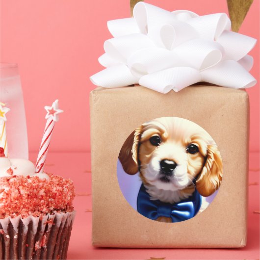 Schattige Fluffy Puppy met Cute Blue Bow Stropdas Ronde Sticker (Feest)