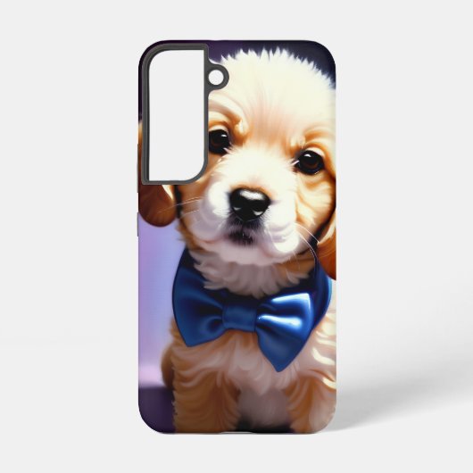 Schattige Fluffy Puppy met Cute Blue Bow Stropdas Samsung Galaxy Hoesje (Achterkant)