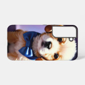 Schattige Fluffy Puppy met Cute Blue Bow Stropdas Samsung Galaxy Hoesje (Achterkant horizontaal)