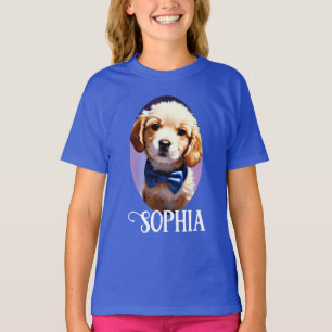 Schattige Fluffy Puppy met Cute Blue Bow Stropdas T-shirt