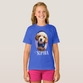 Schattige Fluffy Puppy met Cute Blue Bow Stropdas T-shirt (Voorkant volledig)