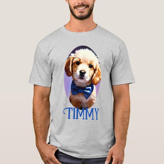 Schattige Fluffy Puppy met Cute Blue Bow Stropdas T-shirt (Voorkant)