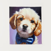 Schattige Fluffy Puppy met Cute Blue Bow Stropdas Wandkleed (Voorkant)