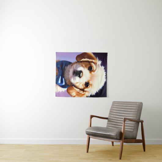 Schattige Fluffy Puppy met Cute Blue Bow Stropdas Wandkleed (In Situ (horizontaal))