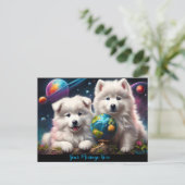 Schattige Fluffy Samoyed Puppies, Aarde Briefkaart (Staand voorkant)