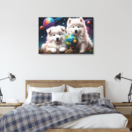 Schattige Fluffy Samoyed Puppies, Vrede op Aarde Canvas Afdruk (Insitu (Slaapkamer))