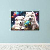 Schattige Fluffy Samoyed Puppies, Vrede op Aarde Canvas Afdruk (Insitu (Houten vloer))
