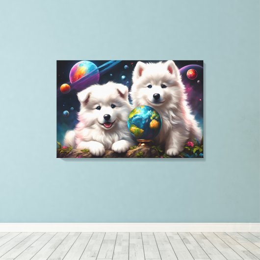 Schattige Fluffy Samoyed Puppies, Vrede op Aarde Canvas Afdruk (Insitu (Houten vloer))