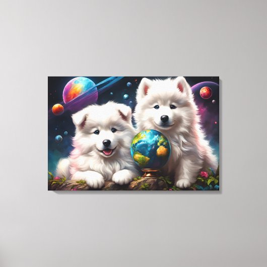 Schattige Fluffy Samoyed Puppies, Vrede op Aarde Canvas Afdruk (Voorkant)