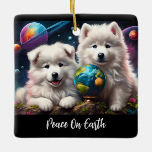 Schattige Fluffy Samoyed Puppies, Vrede op Aarde Keramisch Ornament