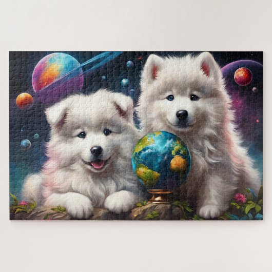 Schattige Fluffy Samoyed Puppies, Vrede op Aarde Legpuzzel (Horizontaal)
