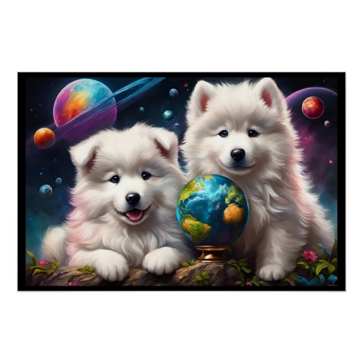 Schattige Fluffy Samoyed Puppies, Vrede op Aarde Perfect Poster (Voorkant)
