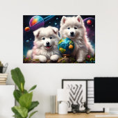 Schattige Fluffy Samoyed Puppies, Vrede op Aarde Poster (Thuiskantoor)