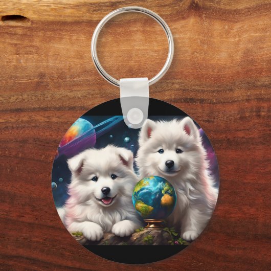 Schattige Fluffy Samoyed Puppies, Vrede op Aarde Sleutelhanger (Achterkant)