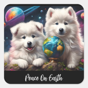 Schattige Fluffy Samoyed Puppies, Vrede op Aarde Vierkante Sticker