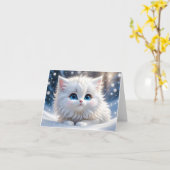 Schattige Fluffy Witte Kat Blauwe Ogen Lege Groet Kaart (Gele Bloem)