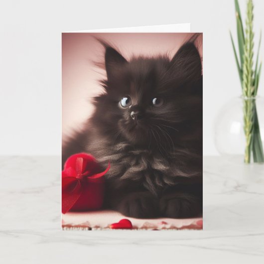 Schattige Fluffy Zwarte Valentijnsdag Kitten Kaart (Voorkant)