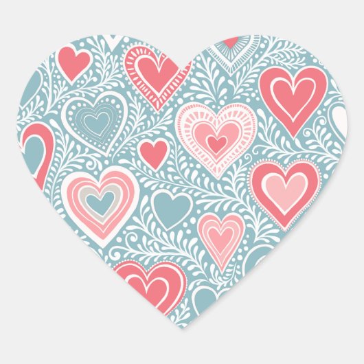 Schattige Folk Bloemhart Stof Blauw Roze Babyfeest Hart Sticker (Voorkant)