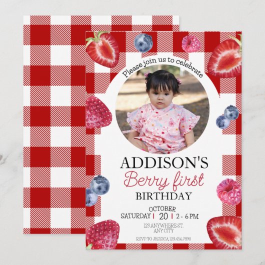 Schattige Foto Rood Blauw Berry Sweet 1e Verjaarda Kaart (Voorkant / Achterkant)