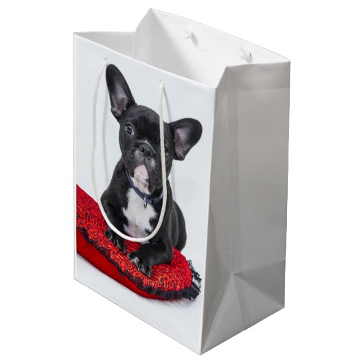 Schattige foto van bulledog Black en White Medium Cadeauzakje (Achterkant Gekanteld)