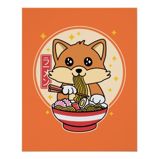 Schattige Fox Eten Ramen Kawaii Japans Eten Gift Perfect Poster (Voorkant)