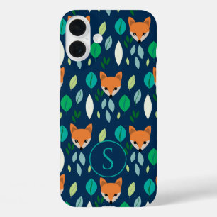 Schattige Fox Face Forest Leaf Pattern Monogram iPhone 16 Plus Hoesje