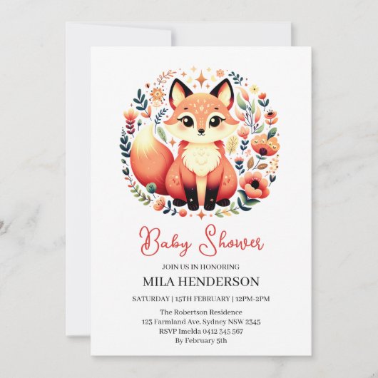 Schattige Fox Floral Baby shower uitnodiging (Voorkant)